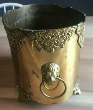 Vintage Solid Brass Planter Pot w/Lion Heads Ring Handles Footed 3