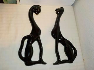 2 Vintage Tall Black Cats Ceramic Wall Plaques Hangings