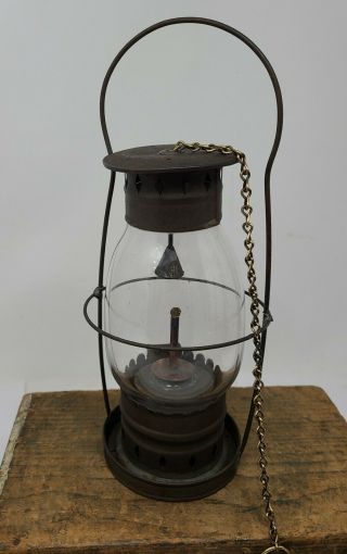 Antique Civil War era Outhouse ? Hand lamp lantern w/ chain snuffer FIXED GLOBE 2