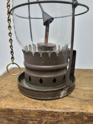 Antique Civil War era Outhouse ? Hand lamp lantern w/ chain snuffer FIXED GLOBE 4