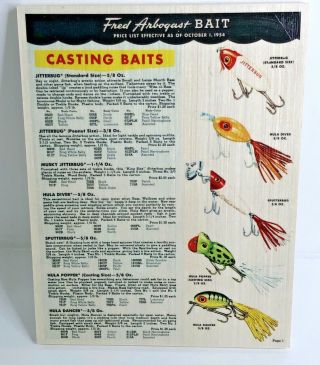 Fred Arbogast Jitterbug Hula Poper Old Fishing Lure Color Chart On Wood Man Cave
