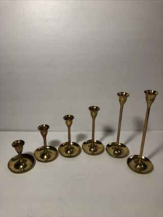 Vintage Solid Brass Candle Holders Graduated Candlestick Set Of Six Taper