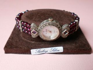 Vintage Ladies Hallmarked Sterling Silver Marcasite And Garnet Quartz Wristwatch