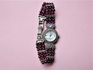 Vintage Ladies Hallmarked Sterling Silver Marcasite And Garnet Quartz Wristwatch 3