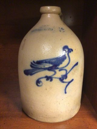 Antique Stoneware 1850s Jug Cobalt Blue Bird,  J&e Norton,  Bennington,  Vt