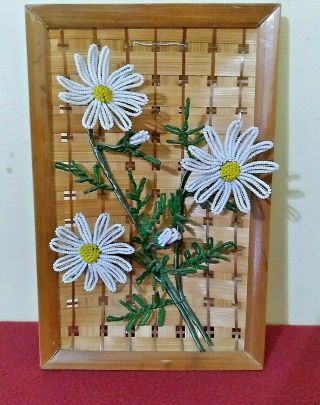 French Beaded Flowers Vintage Daisies Wall Hanger Woven Bamboo Wood Frame Leaves