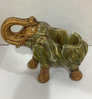 Vintage Ceramic Elephant Ashtray Mid - Century Green/brown Drip Glaze,  Trunk Up