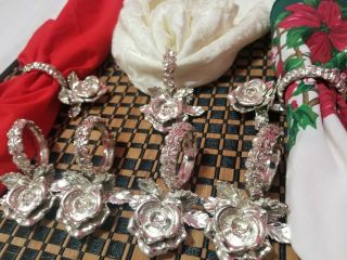 Vintage Princess House Silver Plated Ornate Flower Rose Napkin Rings Set Of (7)