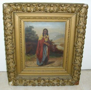 Antique Oil Painting Portrait Art Of Native American Indian Woman 19th C.  Signed