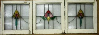 Set Of 3 Old English Leaded Stained Glass Windows Flowers 19.  5 " X 20.  75 " Each