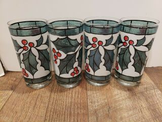 4 Vintage West Virginia Stained Glass Christmas Holly & Berry Beverage Tumblers