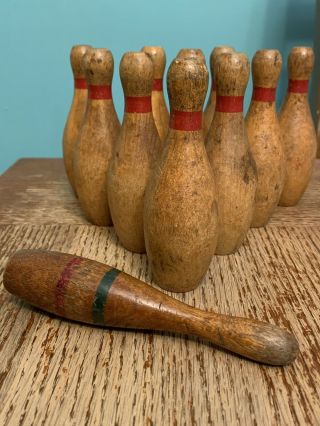 (11 Pins) Vintage Wood Childrens Bowling Pins No Ball