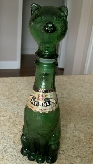 Vintage Italian Bessi Green Glass Decanter Bottle 9 " Cat Lid With Labels Rare