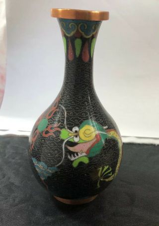 Vintage Chinese Cloisonne Black Multi Enamel Copper Vase Five Claw Dragons 6.  5”