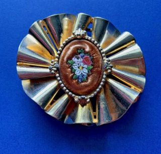 Antique Micro Mosaic Floral Goldstone Brooch Large