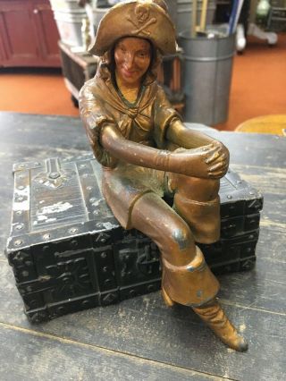 Bronze Art Deco Lady Woman Pirate Sitting On Treasure Chest Box