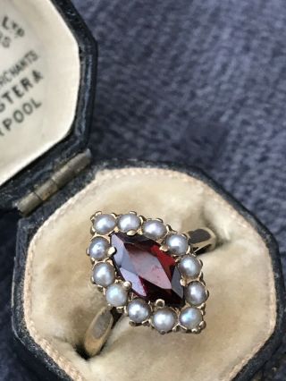 Antique 9ct Yellow Gold Garnet And Pearl Navette Ring.