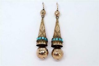 Antique Late Victorian English 9k Gold Turquoise Faceted Orb Drop Earrings