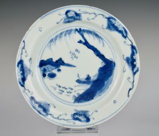 A Tianqi (1621 - 1627) B&w Chinese Porcelain Ko - Sometsuke Dish With River Scene