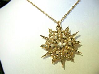 Antique Victorian 14k Gold Diamond & Seed Pearl Starburst Pin Pendant Necklace