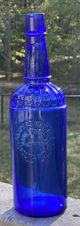 Antique Cobalt Blue Caspers Whiskey Bottle L 1 Qt 12 " Tall Fancy Handblown Nc