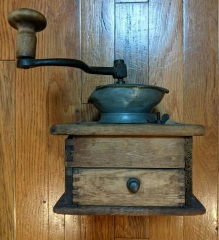 Antique Vintage Cast Iron & Wood Coffee Grinder