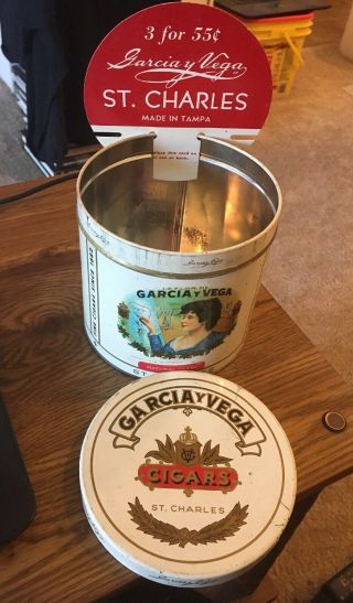 Vintage Garcia Y Vega - St Charles Cigar Tin Canister W/ Price Sign 5 - 1/2 " X5 - 1/2 "
