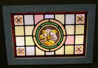 Victorian English Leaded Stained Glass Window Hand Painted Flowers 19 " X 13 "