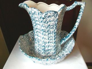 Vintage Mccoy Pottery Large Pitcher And Basin Blue Country Spongeware