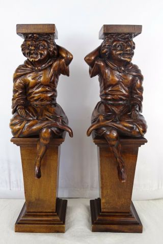 Antique French Hand Carved Wood Walnut Pair Jester - Jokers Statues 19th
