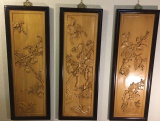 Antique Set Of 3 Chinese Wooden Hand Carved Panels 37”x13” Great Workmanship