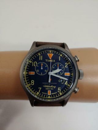 Timex Waterbury Mens Tw2p84100 Navy Orange Chronograph Quartz Leather Band Watch