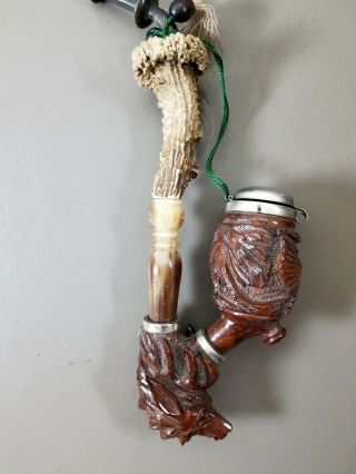 Vintage Antler & Hand Carved Wooden Stag Deer & Game Bird Tobacco Smoking Pipe