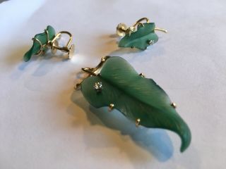 Antique Vintage Estate 1940 ' s 14k Green Onyx And Diamond Leaf Pin And Ear Rings 2