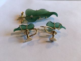 Antique Vintage Estate 1940 ' s 14k Green Onyx And Diamond Leaf Pin And Ear Rings 3