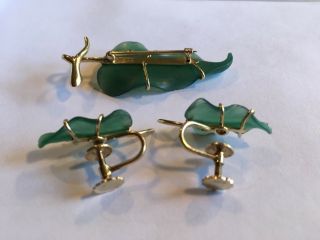 Antique Vintage Estate 1940 ' s 14k Green Onyx And Diamond Leaf Pin And Ear Rings 4