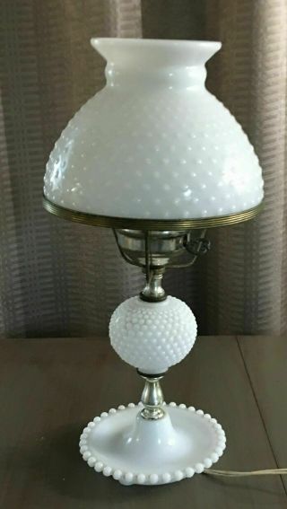 Vintage White Milk Glass Hobnail Hurricane Table Lamp Ruffled Top Shade 17 " Tall
