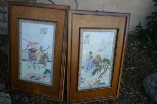 Pair Fine Antique 20th Century Chinese Famille Rose Porcelain Plaque Tile Panel