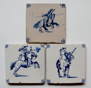 3 Antique Dutch Delft Delftware Tile Carreaux With Horseman,  Soldier Horseback