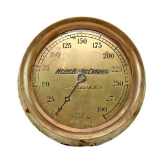 Antique 14 " Heine Boiler Co.  Ashton Valve Boston 300psi Brass Pressure Gauge