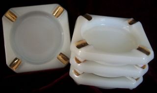 Vintage Set Of 4 Milkglass Ashtrays W/gold Accents - Different