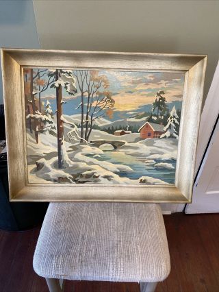 Vintage Paint By Number Snowy Memories Houses Bridge Stream Framed 28 " X22 " X3 "