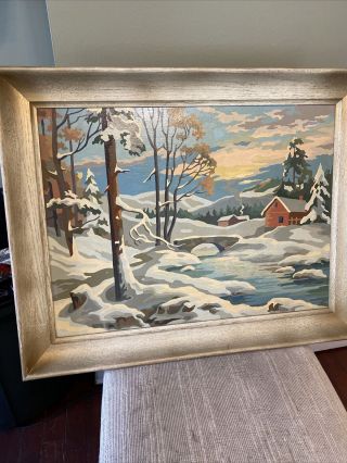 Vintage Paint By Number Snowy Memories Houses Bridge Stream Framed 28 