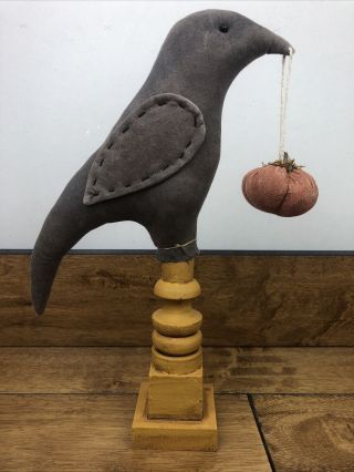 Vintage Prim Sewn Folk Art Black Bird On Homemade Wood Stand