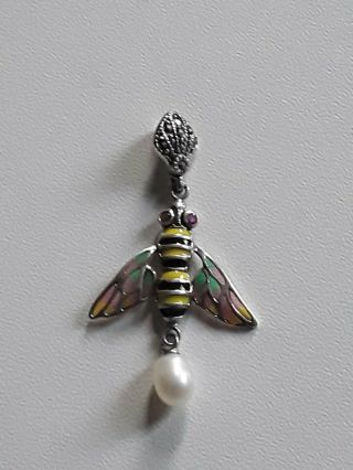 Vintage Style Sterling Silver Enamel Marcasite And Fresh Water Pearl Insect Pend