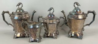 4 Pc.  Antique E.  G.  Webster Silver Plate Tea Set W/ Stork & Viking Face Feet