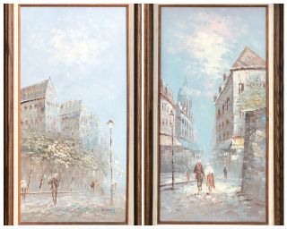 Pair Orig Vintage Signed Caroline Burnett Oil Paintings Paris Street Scene 12x24