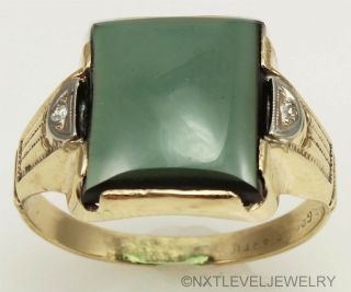 Antique 1920 ' s Art Deco Green Sapphire & Two Diamond 10k Solid Gold Men ' s Ring 2