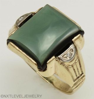 Antique 1920 ' s Art Deco Green Sapphire & Two Diamond 10k Solid Gold Men ' s Ring 3