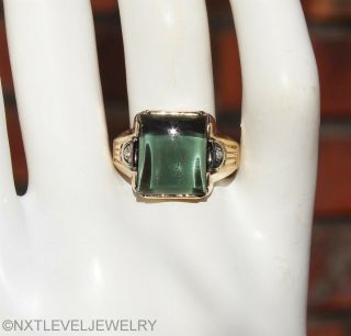 Antique 1920 ' s Art Deco Green Sapphire & Two Diamond 10k Solid Gold Men ' s Ring 6